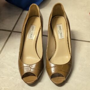 Jimmy Choo Croc-Embossed Tan Peep-Toe Heels